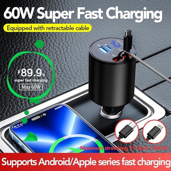 4 in 1 Retractable Car Charger, 100W Super Fast
